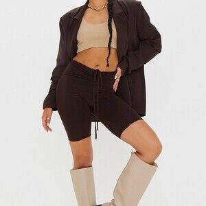 NEW Prettylittlething brown Slinky Ruched Waist biker shorts womens size small 4